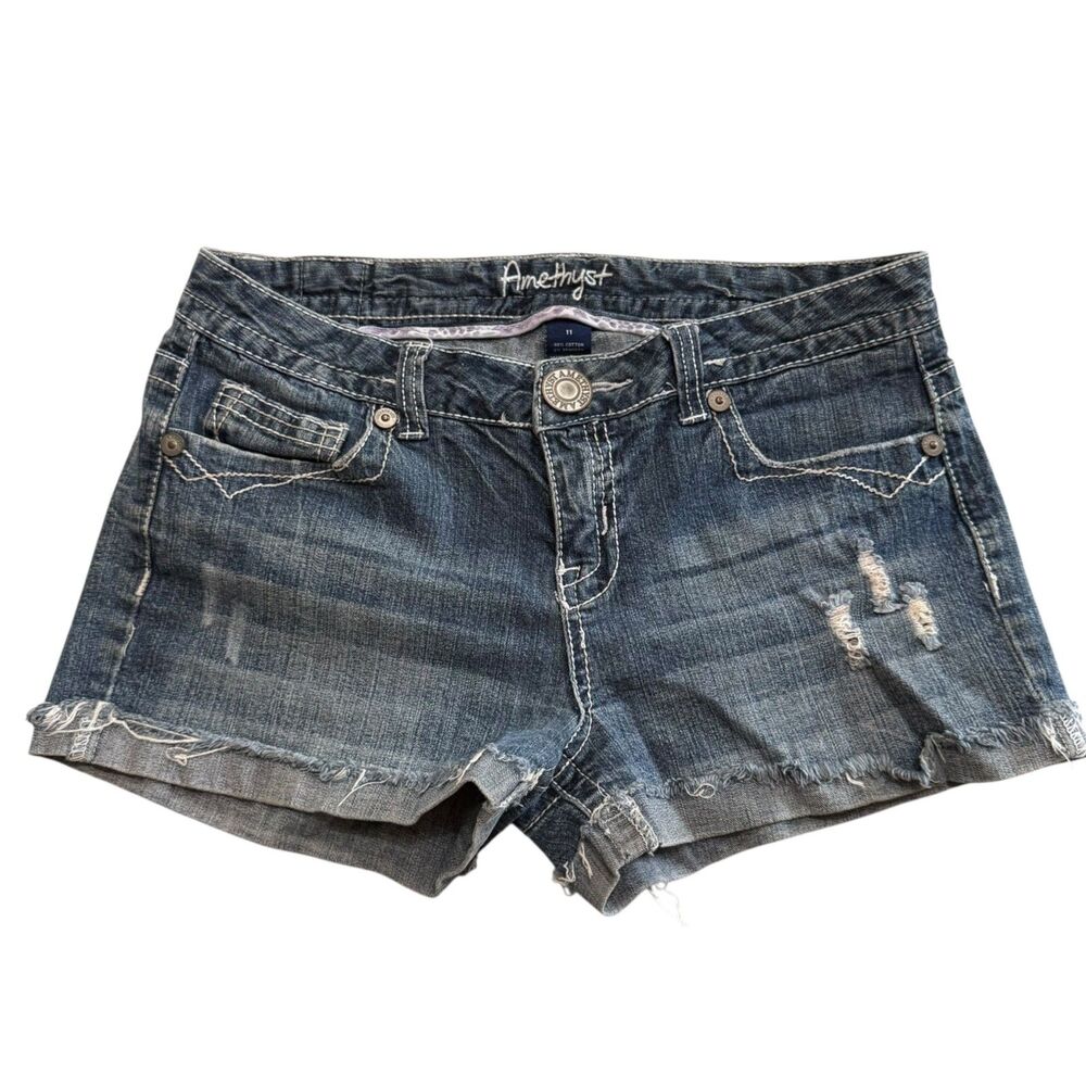 Amethyst Shorts W/J 11 Jean Denim Shortie Stretch Thick Stitch Cut Off Whisker